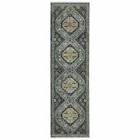 Photo of Blue Gold Ivory And Navy Oriental Power Loom Stain Resistant Runner Rug With Fringe