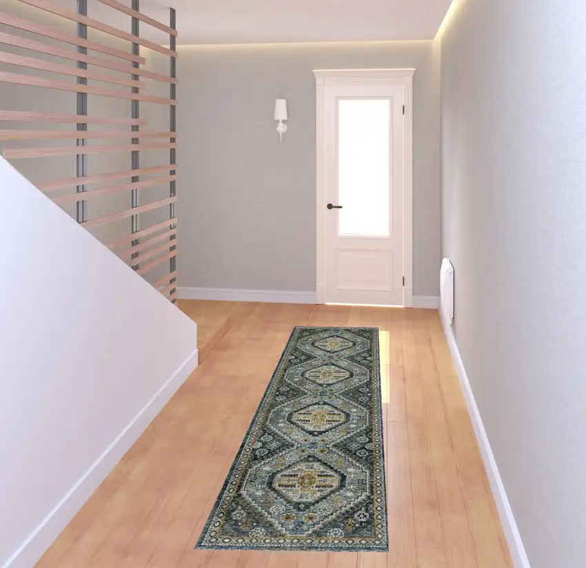 Blue Gold Ivory And Navy Oriental Power Loom Stain Resistant Runner Rug With Fringe Photo 2