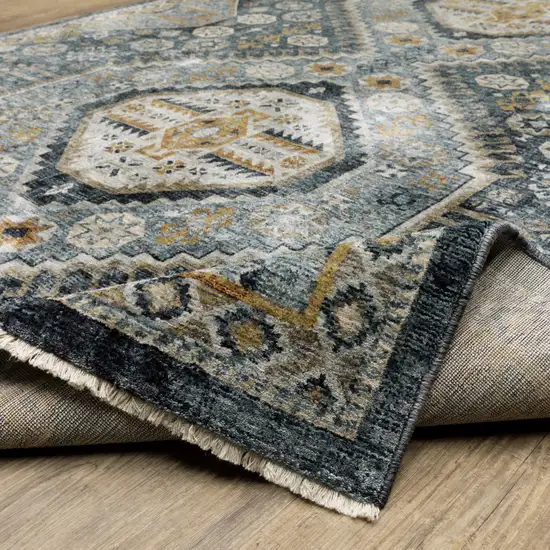 Blue Gold Ivory And Navy Oriental Power Loom Stain Resistant Runner Rug With Fringe Photo 9