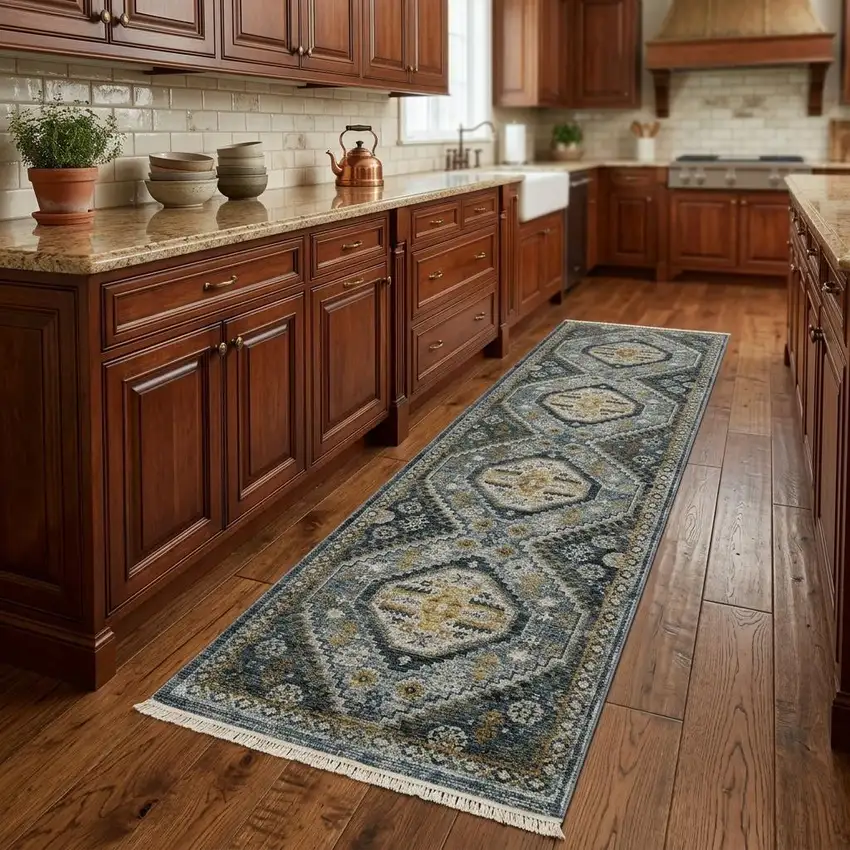 2' X 8' Blue Gold Ivory And Navy Oriental Power Loom Stain Resistant Runner Rug With Fringe Photo 1