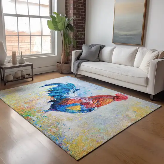 Blue Gold Red And Ivory Animal Print Washable Area Rug With UV Protection Photo 4