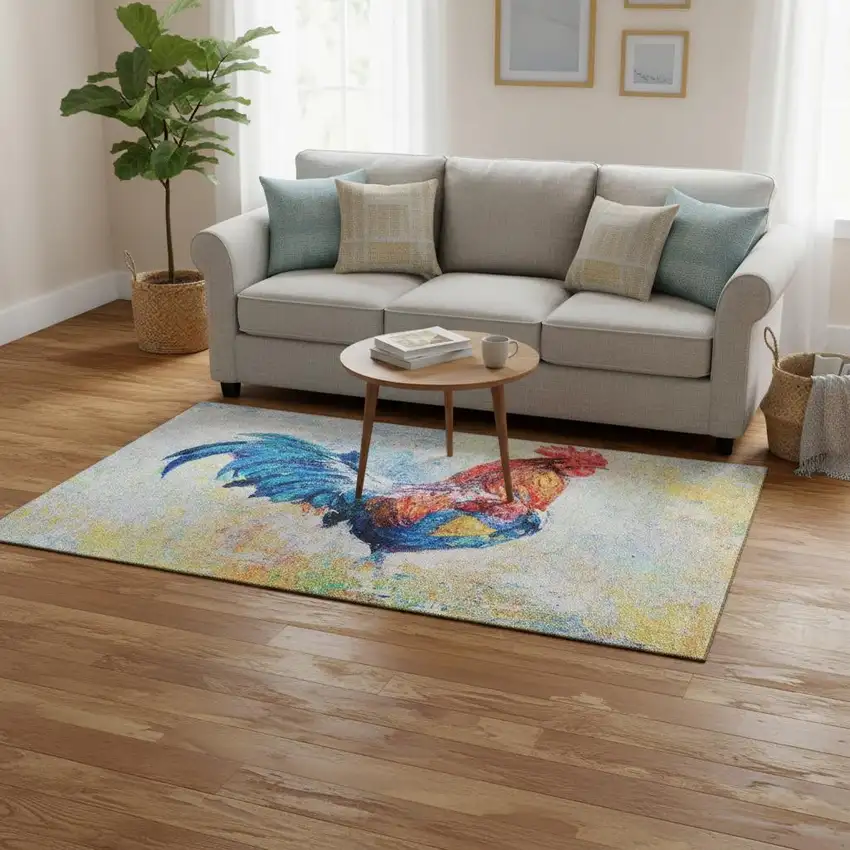 Blue Gold Red And Ivory Animal Print Washable Area Rug With UV Protection Photo 1