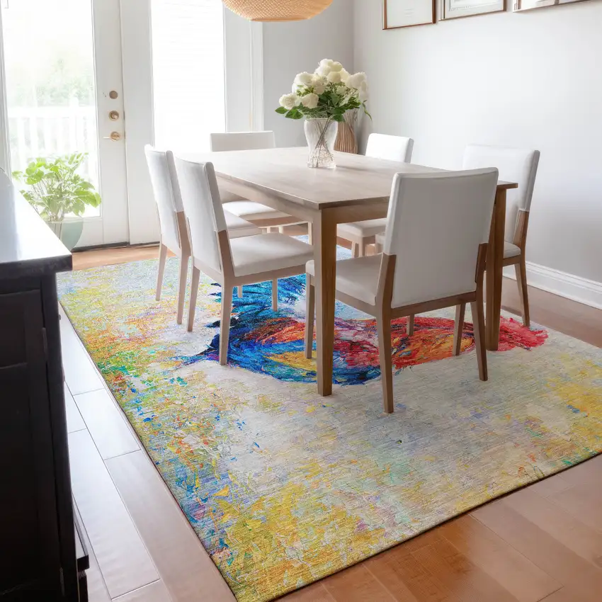 Blue Gold Red And Ivory Animal Print Washable Area Rug With UV Protection Photo 5