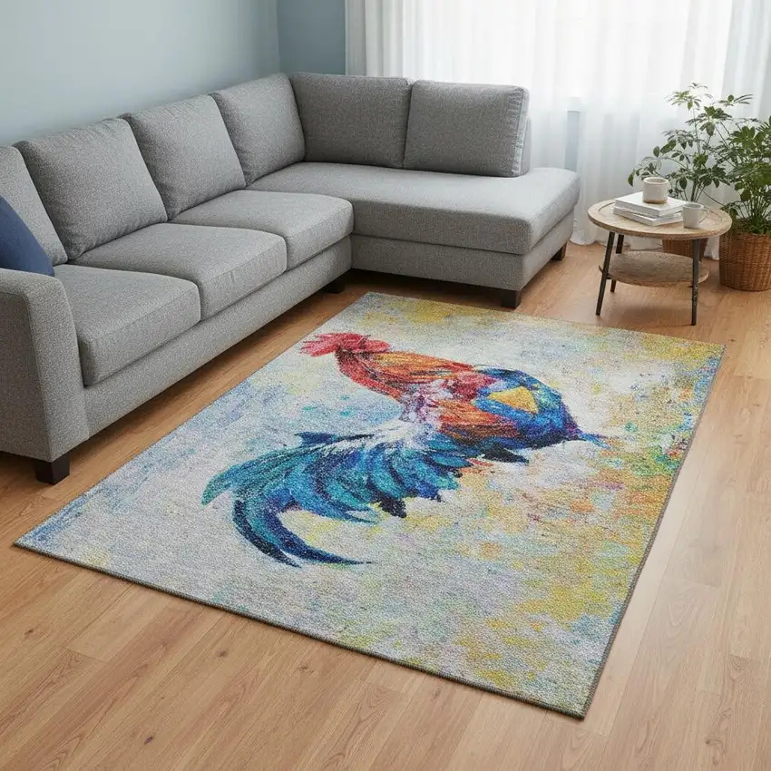 Blue Gold Red And Ivory Animal Print Washable Area Rug With UV Protection Photo 1