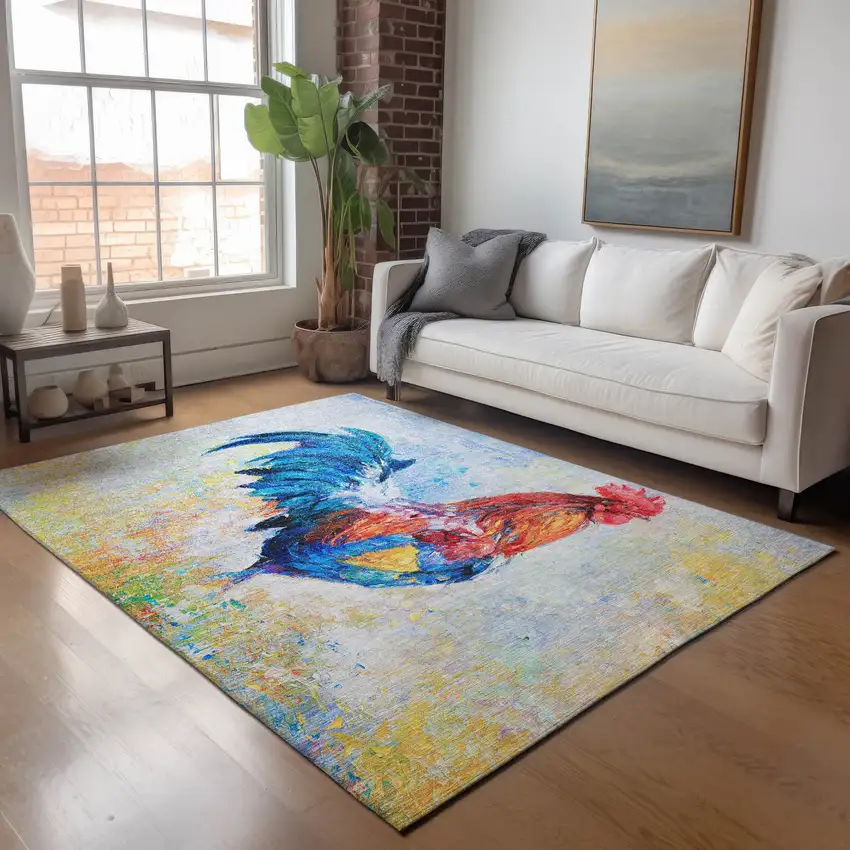 Blue Gold Red And Ivory Animal Print Washable Area Rug With UV Protection Photo 4