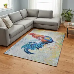 Photo of Blue Gold Red And Ivory Animal Print Washable Area Rug With UV Protection