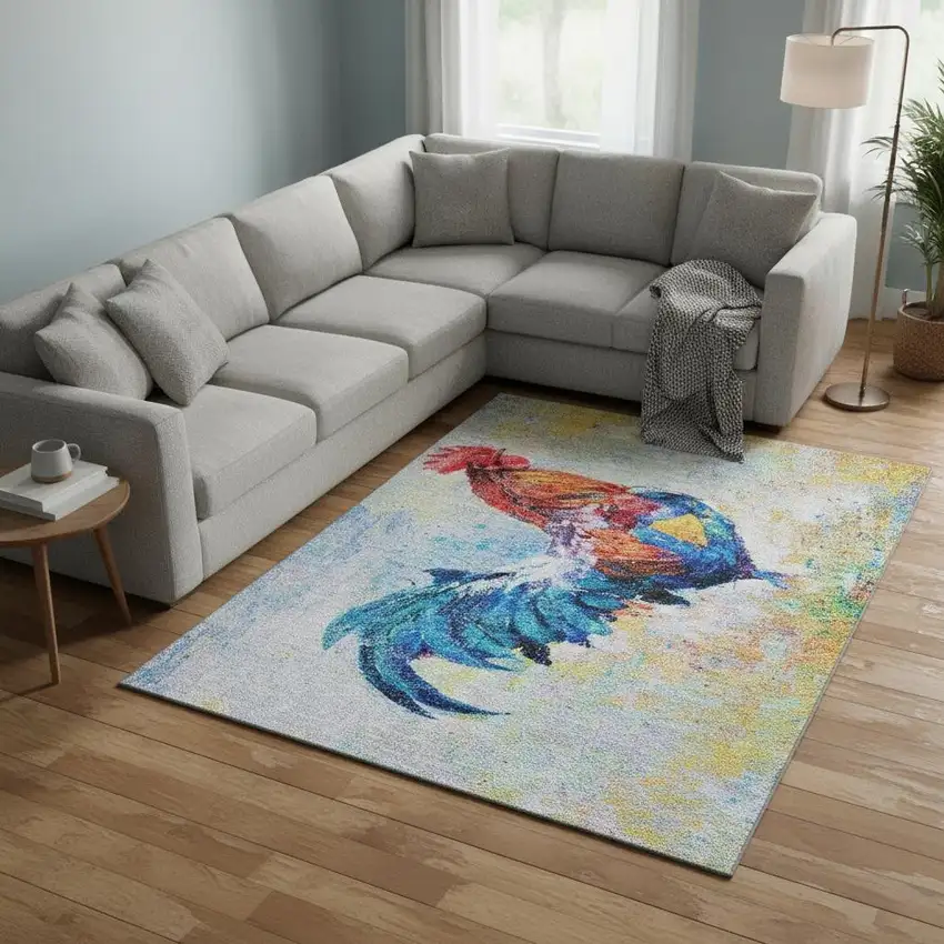 Blue Gold Red And Ivory Animal Print Washable Area Rug With UV Protection Photo 1