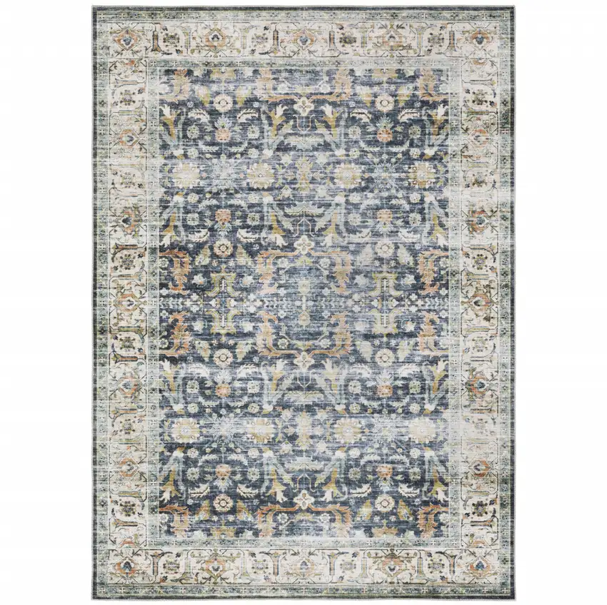 Blue And Gold Oriental Distressed Area Rug Photo 2