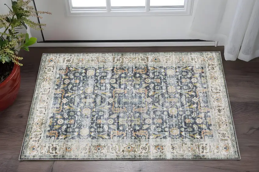 Blue And Gold Oriental Distressed Area Rug Photo 1
