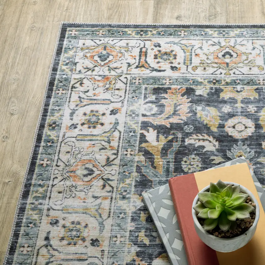 Blue And Gold Oriental Distressed Area Rug Photo 7