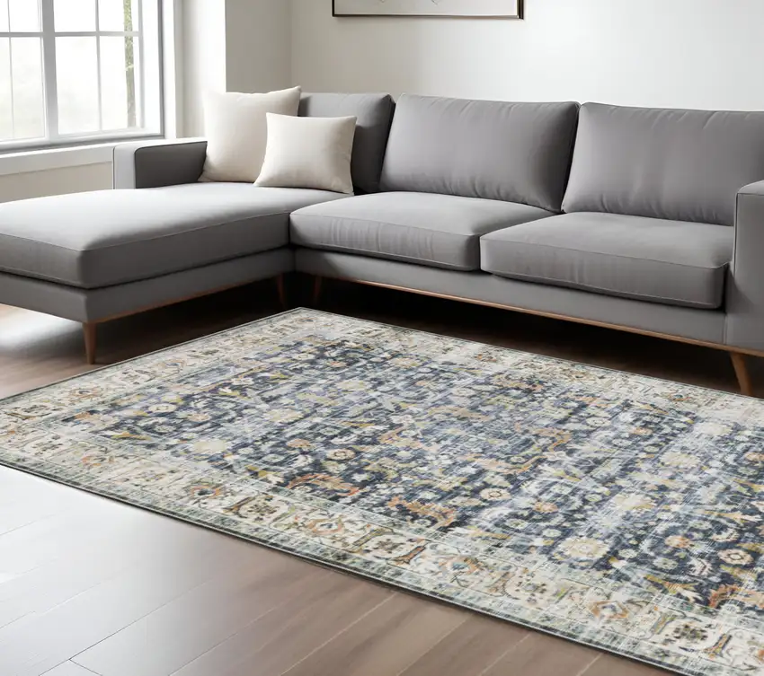 Blue and Ivory Oriental Non Skid Area Rug Photo 1