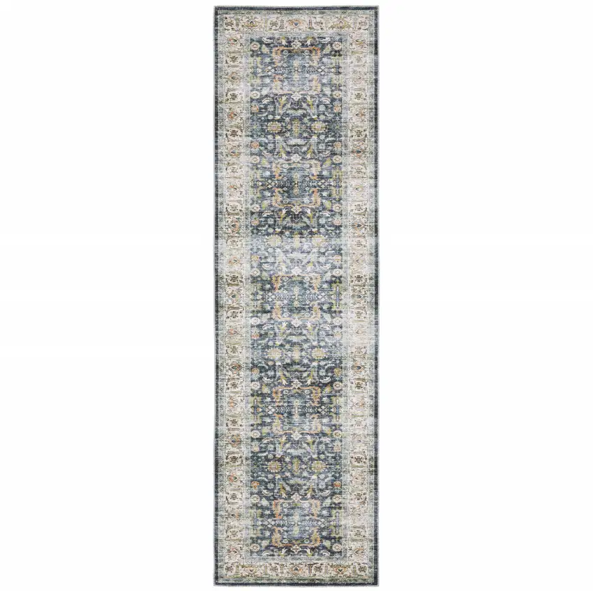 Blue Gold Rust Ivory And Olive Oriental Printed Stain Resistant Non Skid Runner Rug Photo 2