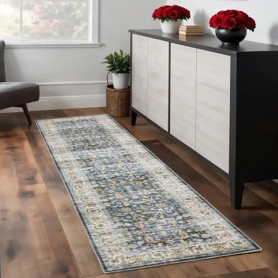8' Blue And Gold Oriental Distressed Runner Rug Photo 1