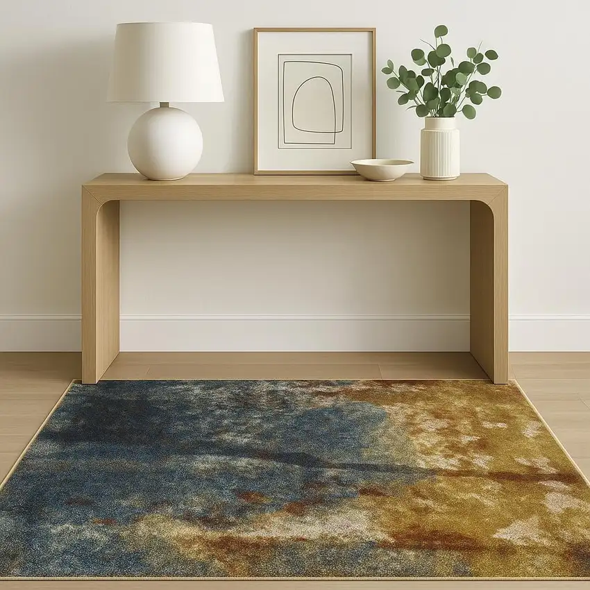 Blue Gold Teal Rust Grey And Beige Abstract Power Loom Stain Resistant Area Rug Photo 1