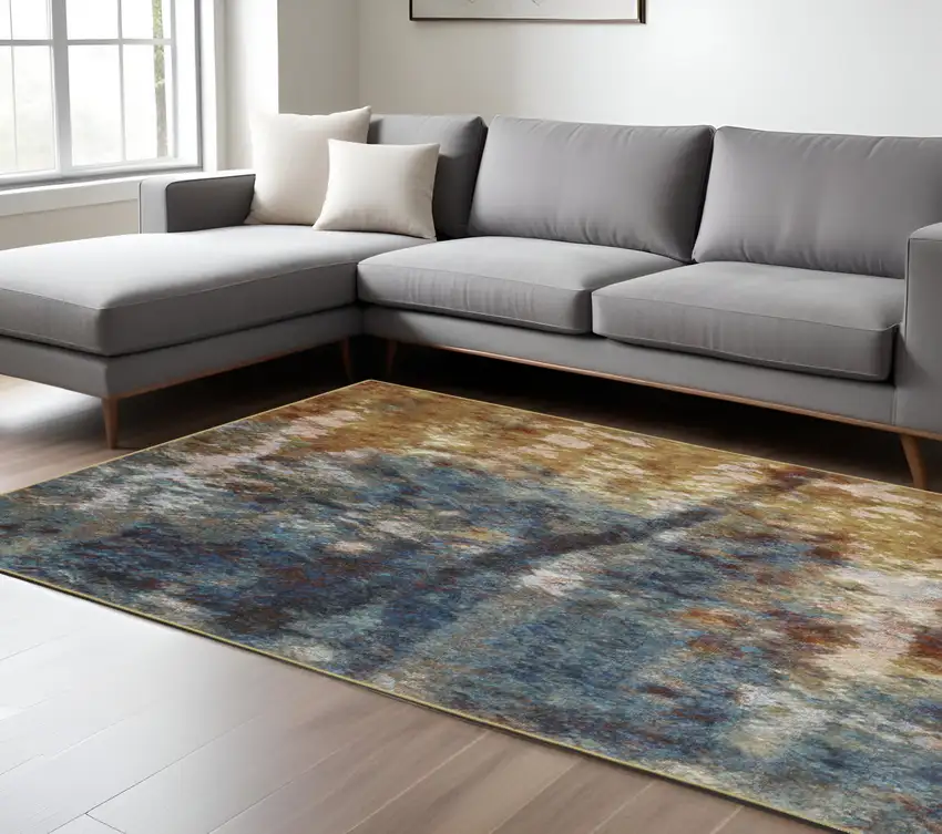 8' X 10' Blue Gold Teal Rust Grey And Beige Abstract Power Loom Stain Resistant Area Rug Photo 1
