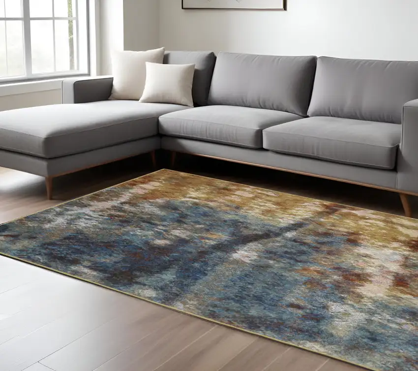 Blue Gold Teal Rust Grey And Beige Abstract Power Loom Stain Resistant Area Rug Photo 1