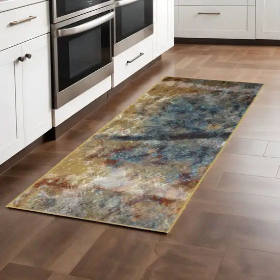 2' X 8' Blue Gold Teal Rust Grey And Beige Abstract Power Loom Stain Resistant Runner Rug Photo 1