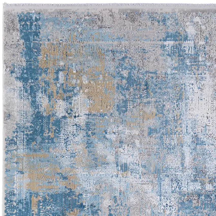 Blue Gold and Gray Abstract Power Loom Area Rug With Fringe Photo 4
