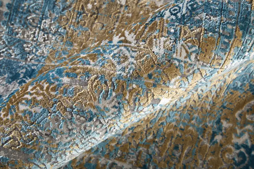 Blue Gold and Gray Abstract Power Loom Area Rug With Fringe Photo 6