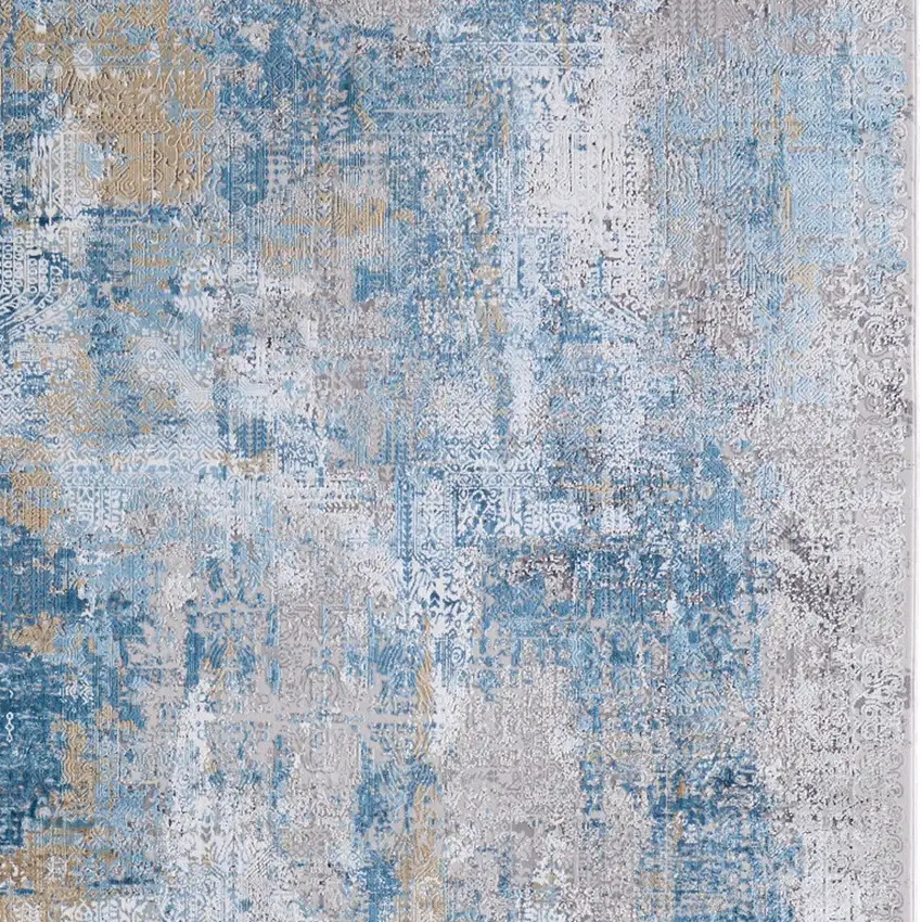 Blue Gold and Gray Abstract Power Loom Area Rug With Fringe Photo 9