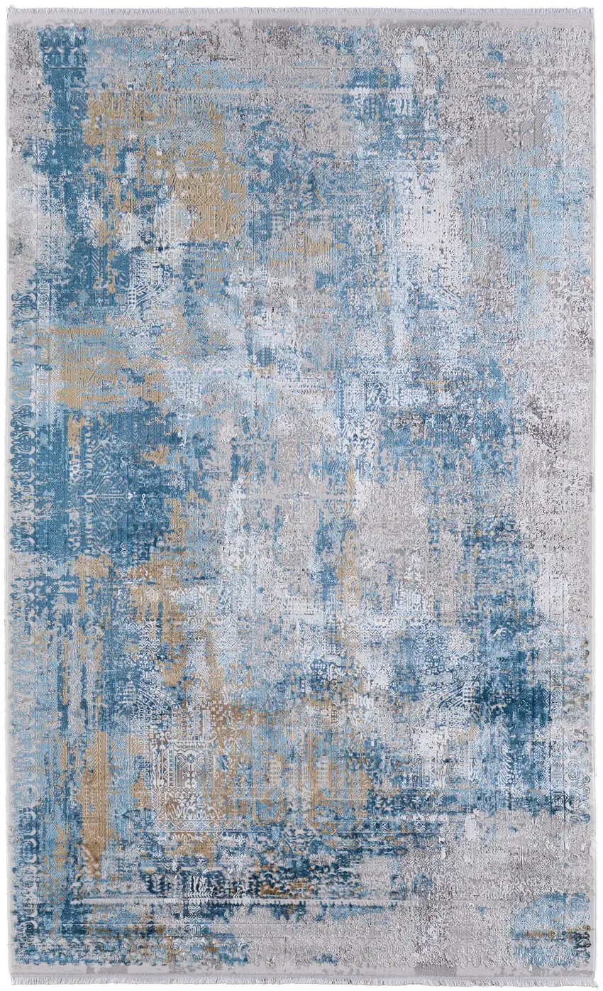 Blue Gold and Gray Abstract Power Loom Area Rug With Fringe Photo 2