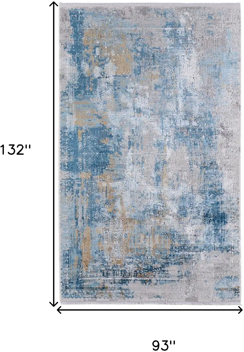 Blue Gold and Gray Abstract Power Loom Area Rug With Fringe Photo 3
