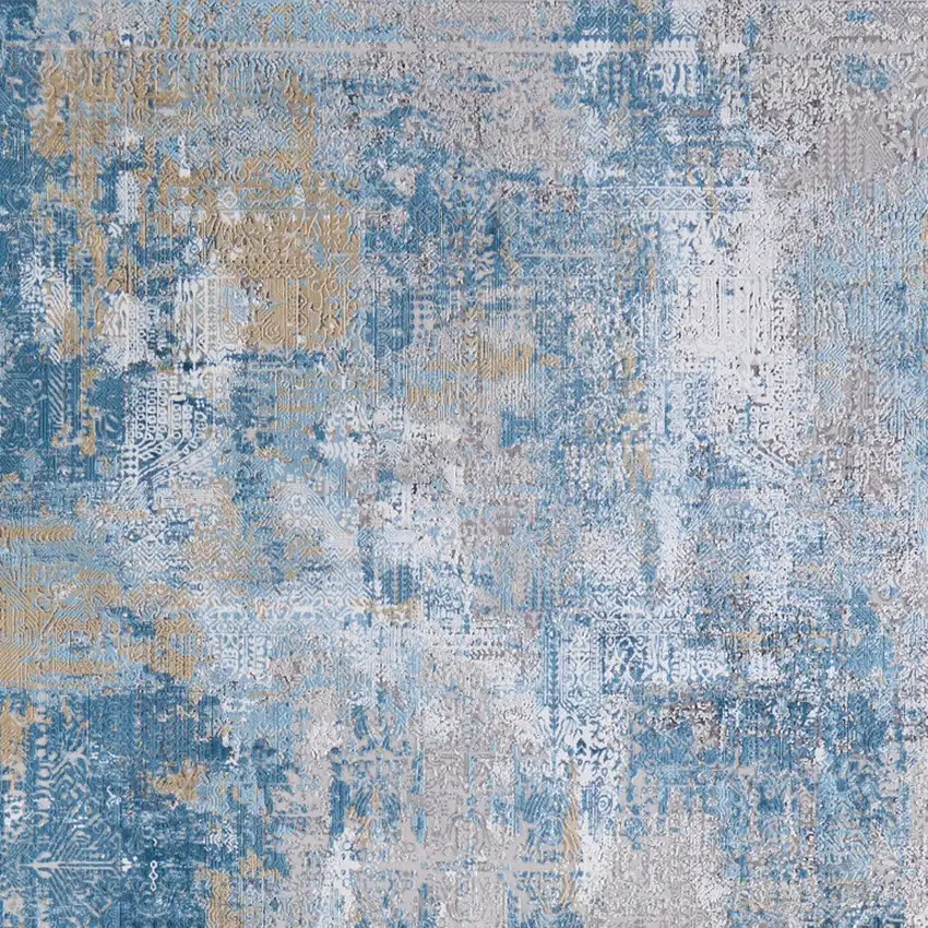 Blue Gold and Gray Abstract Power Loom Area Rug With Fringe Photo 9