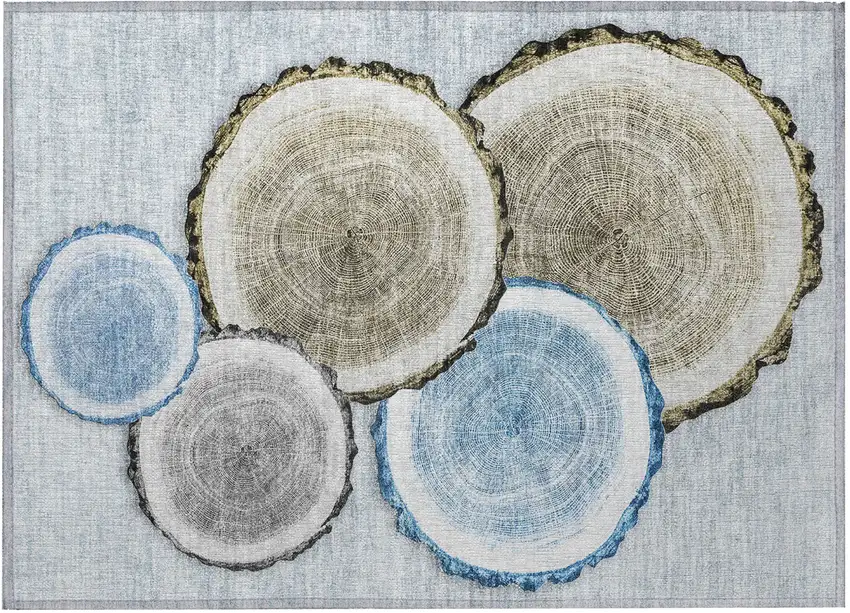 Blue Gold and Gray Faux Bois Washable Non Skid Indoor Outdoor Area Rug Photo 3