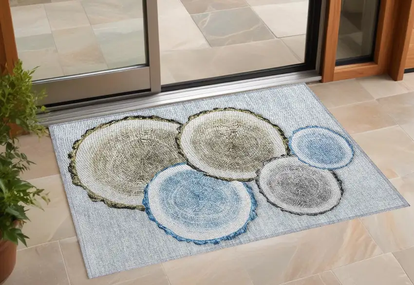 Blue Gold and Gray Faux Bois Washable Non Skid Indoor Outdoor Area Rug Photo 1