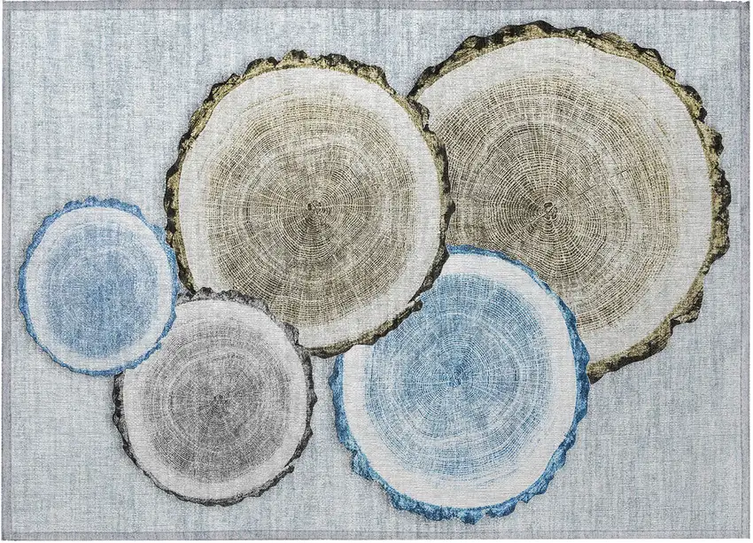 Blue Gold and Gray Faux Bois Washable Non Skid Indoor Outdoor Area Rug Photo 5