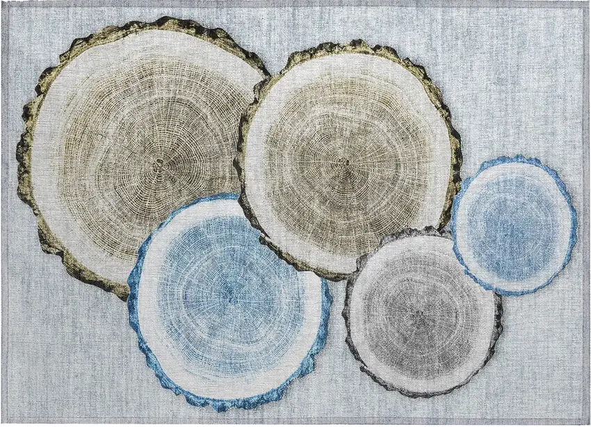 Blue Gold and Gray Faux Bois Washable Non Skid Indoor Outdoor Area Rug Photo 2