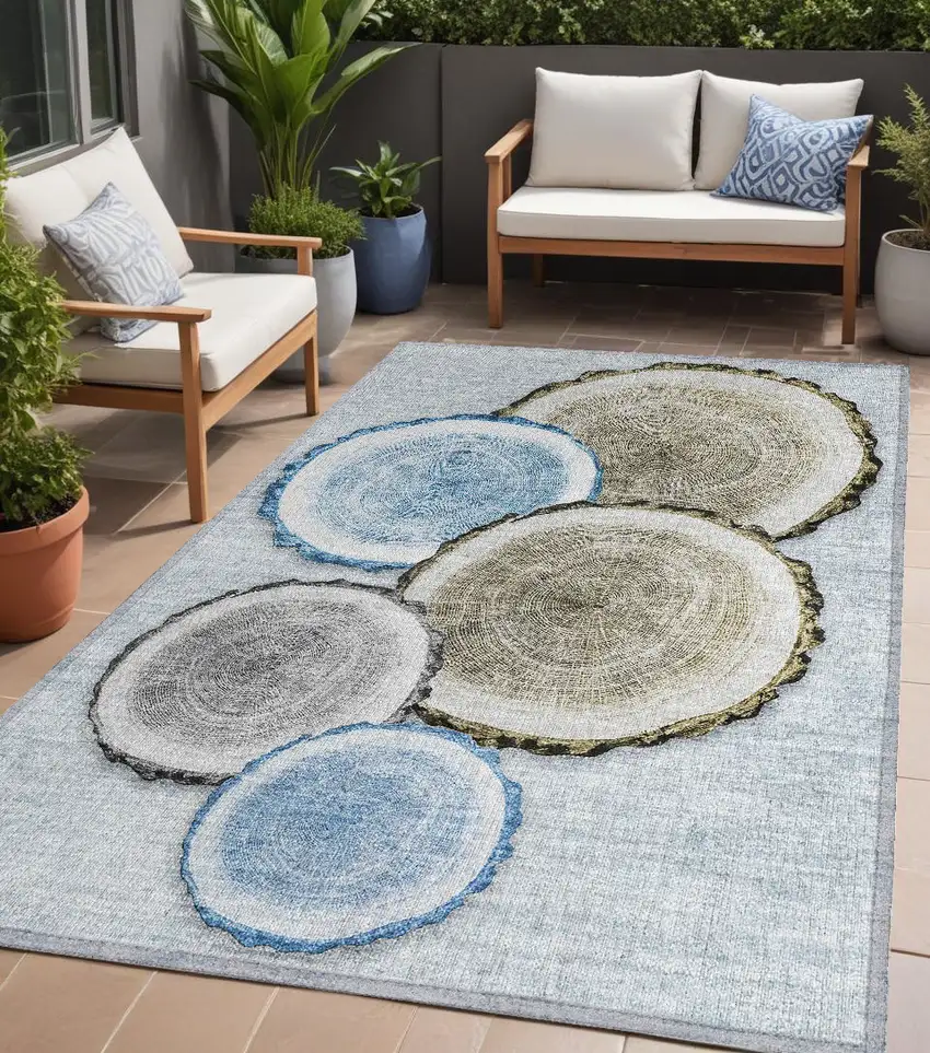 Blue Gold and Gray Faux Bois Washable Non Skid Indoor Outdoor Area Rug Photo 1