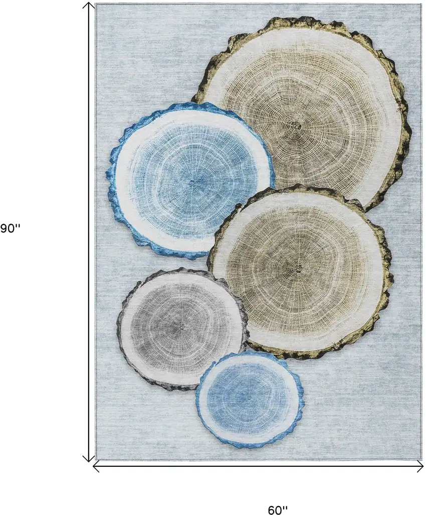 Blue Gold and Gray Faux Bois Washable Non Skid Indoor Outdoor Area Rug Photo 3