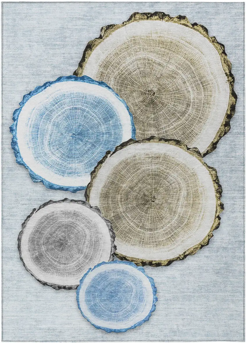Blue Gold and Gray Faux Bois Washable Non Skid Indoor Outdoor Area Rug Photo 2