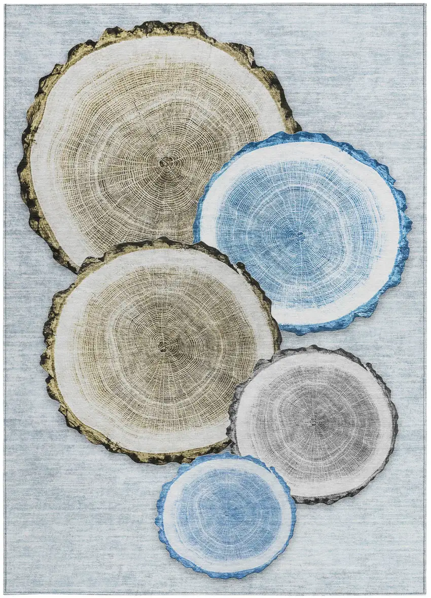 Blue Gold and Gray Faux Bois Washable Non Skid Indoor Outdoor Area Rug Photo 4