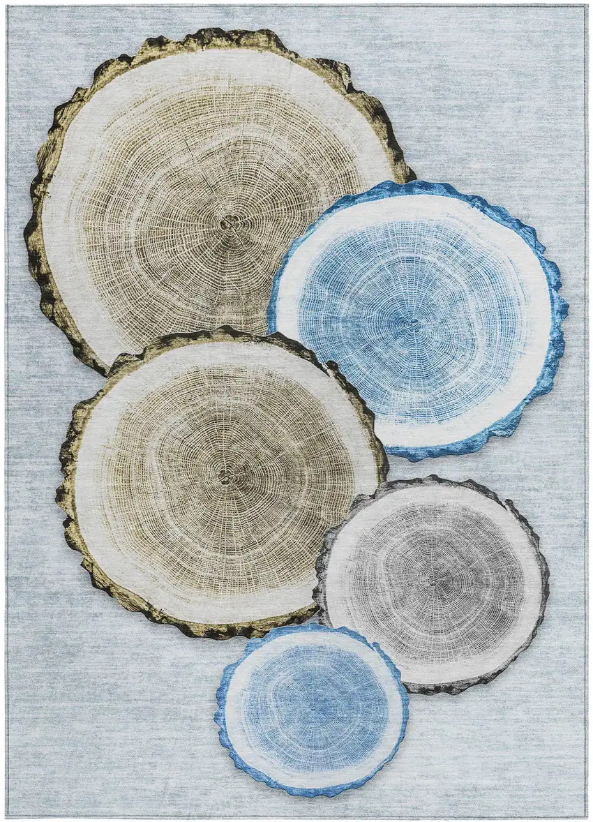 Blue Gold and Gray Faux Bois Washable Non Skid Indoor Outdoor Area Rug Photo 5