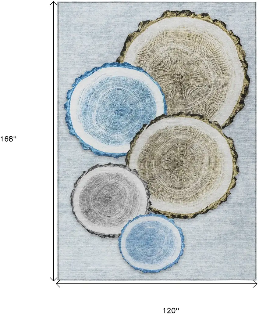 Blue Gold and Gray Faux Bois Washable Non Skid Indoor Outdoor Area Rug Photo 3