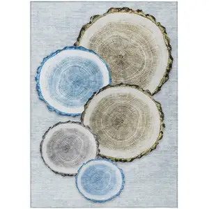 Photo of Blue Gold and Gray Faux Bois Washable Non Skid Indoor Outdoor Area Rug