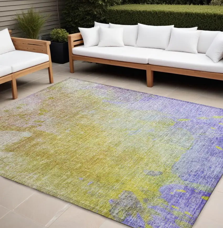 Blue Gold and Wheat Abstract Washable Non Skid Indoor Outdoor Area Rug Photo 1