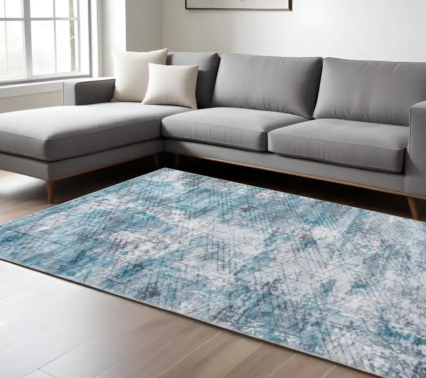 Blue Gray Abstract Cuboid Modern Area Rug Photo 3