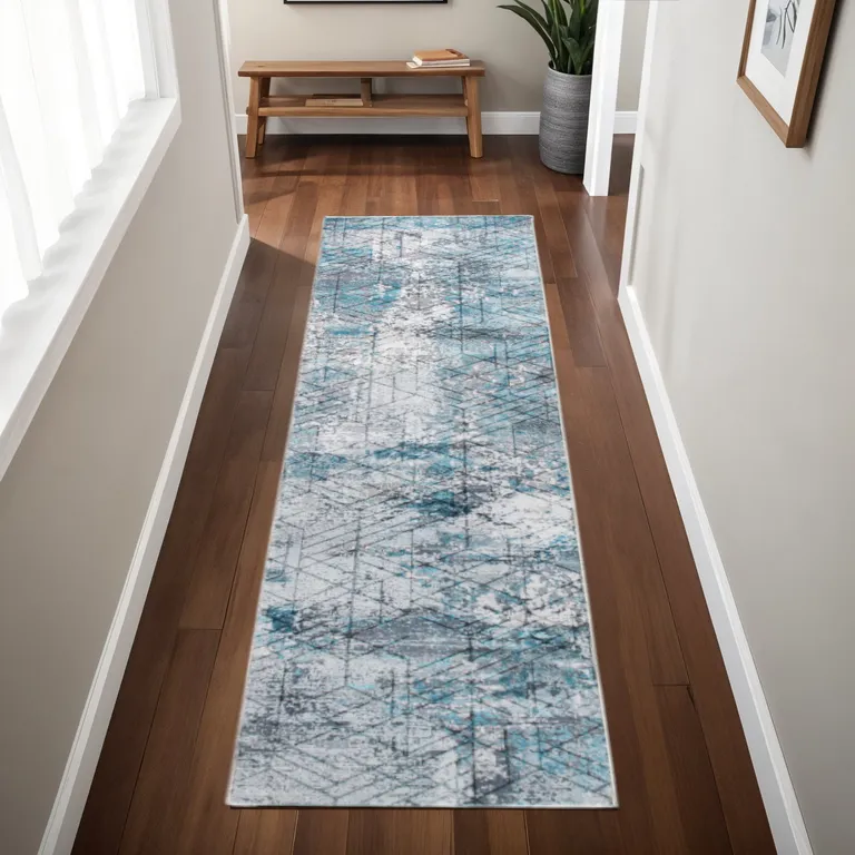 Blue Gray Abstract Cuboid Modern Runner Rug Photo 4