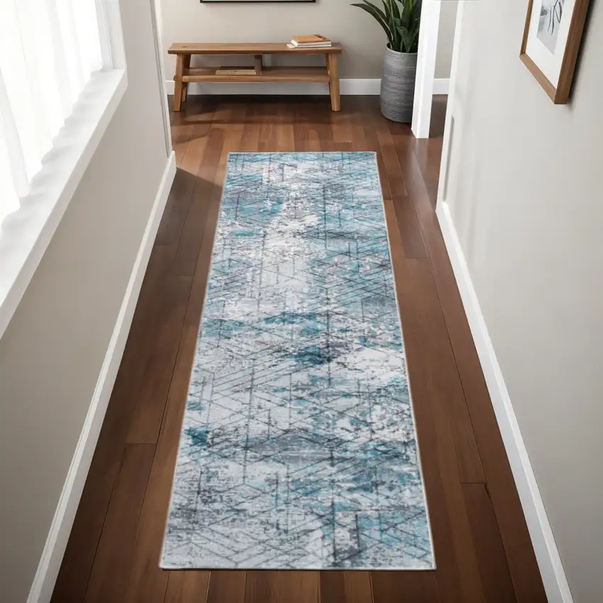 2' X 7' Blue Gray Abstract Cuboid Modern Runner Rug Photo 1