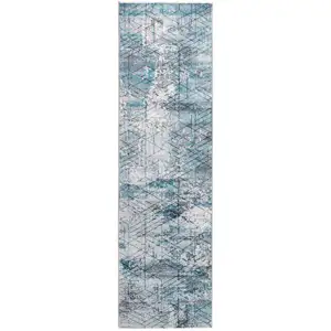 Photo of Blue Gray Abstract Cuboid Modern Runner Rug