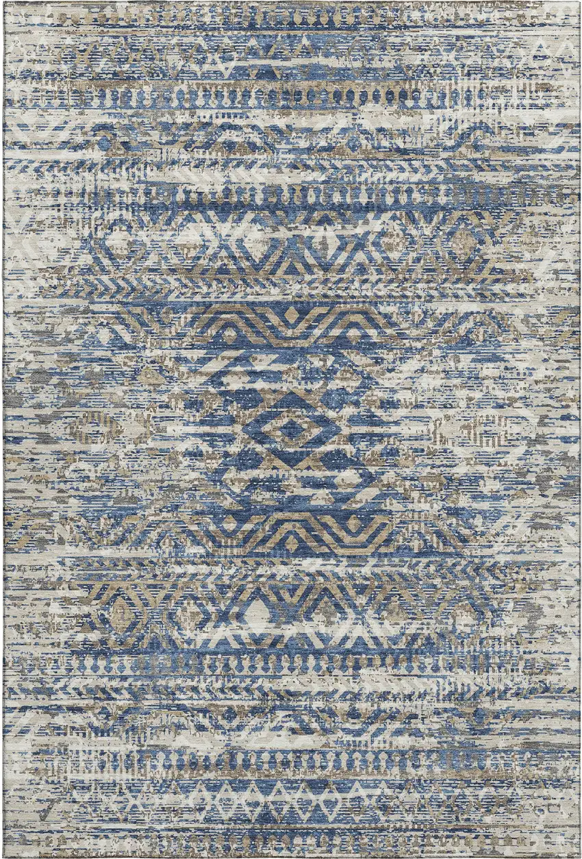 Blue Gray And Beige Moroccan Washable Area Rug With UV Protection Photo 1