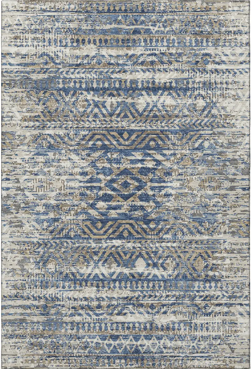 Blue Gray And Beige Moroccan Washable Area Rug With UV Protection Photo 4