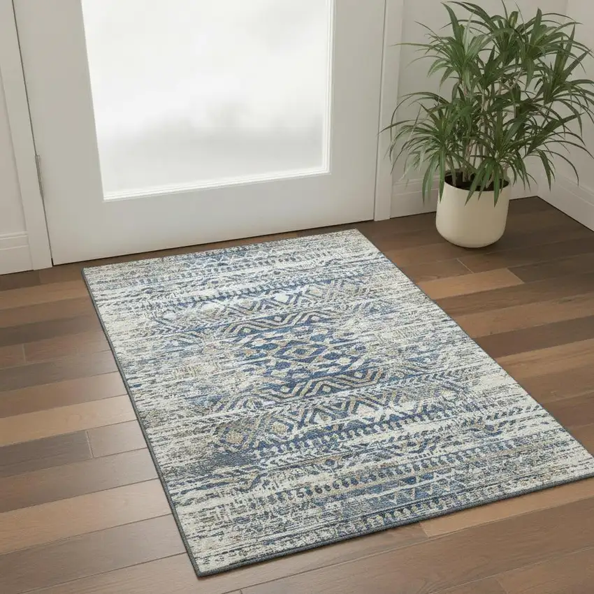 Blue Gray And Beige Moroccan Washable Area Rug With UV Protection Photo 2