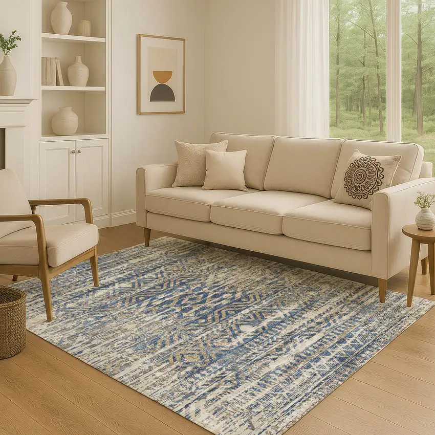 Blue Gray And Beige Moroccan Washable Area Rug With UV Protection Photo 5