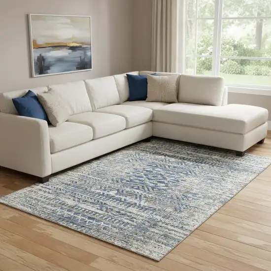 Blue Gray And Beige Moroccan Washable Area Rug With UV Protection Photo 2