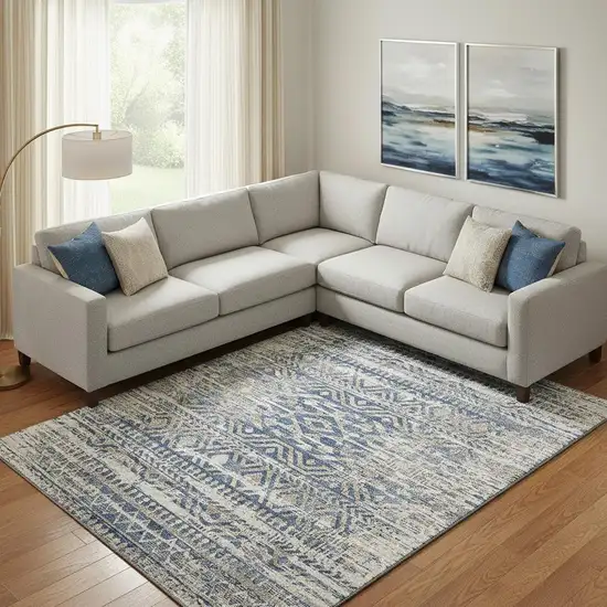 Blue Gray And Beige Moroccan Washable Area Rug With UV Protection Photo 2