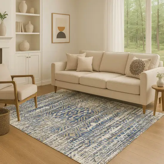 Blue Gray And Beige Moroccan Washable Area Rug With UV Protection Photo 5